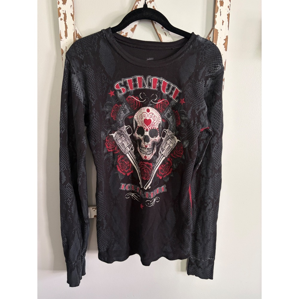 Affliction Sinful Love & Pride Thermal Waffle Size L black Guns Roses Skull